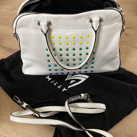 MILLY White Tote Satchel Geometric Multicolor Studs Detachable Strap Handbag - Picture 4 of 6